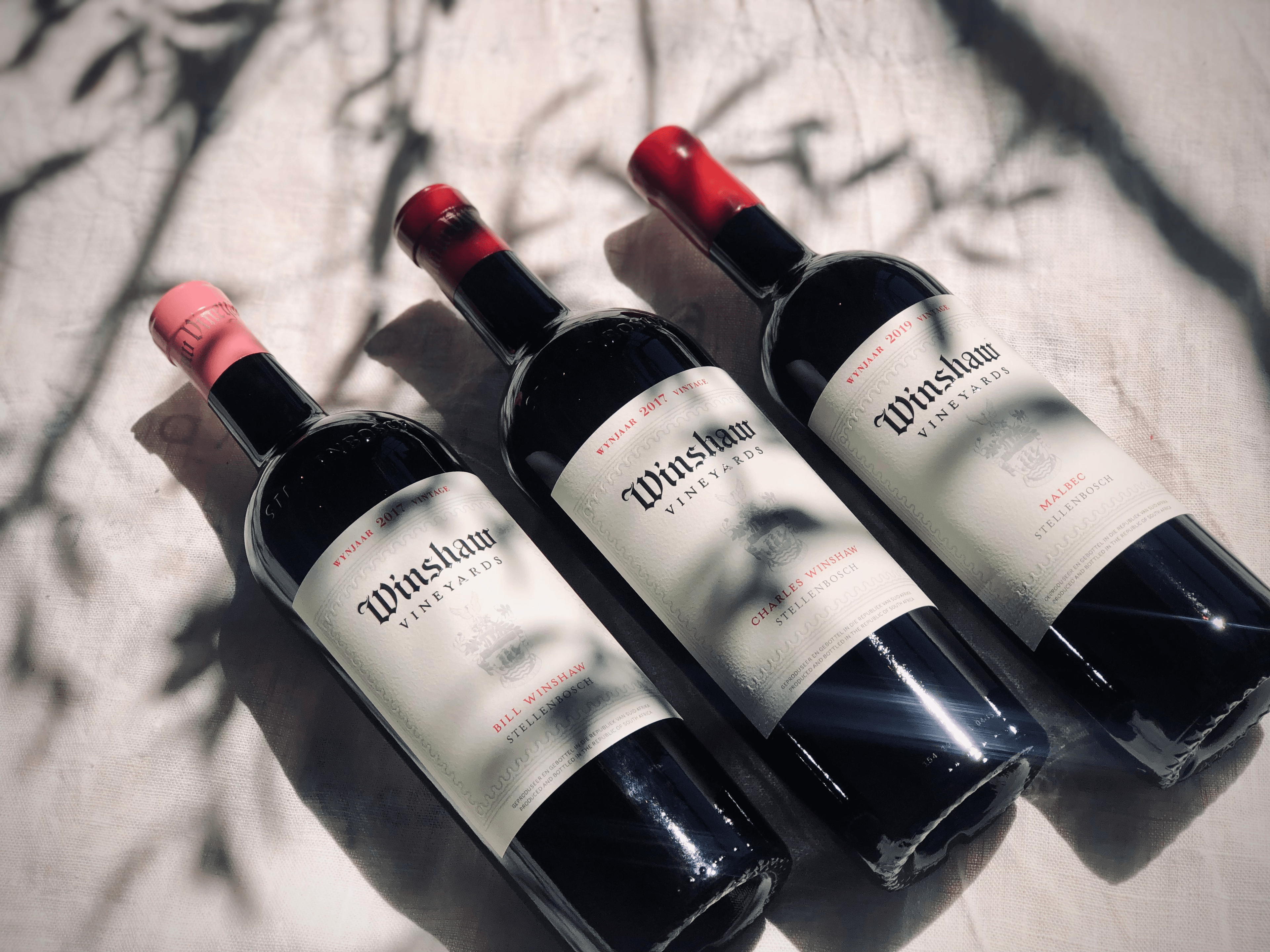 Winshaw wine bottles lined up for tasting